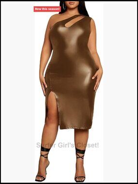 Plus Size Faux Leather Cut Out One Shoulder Bodycon Midi Dress